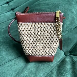 Brown Leather Trim Woven Crossbody Bag - Unbranded